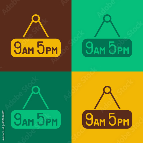 Pop art From 9 to 5 job icon isolated on color background. Concept meaning work time schedule daily routine classic traditional employment. Vector