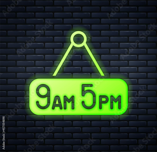 Glowing neon From 9 to 5 job icon isolated on brick wall background. Concept meaning work time schedule daily routine classic traditional employment. Vector