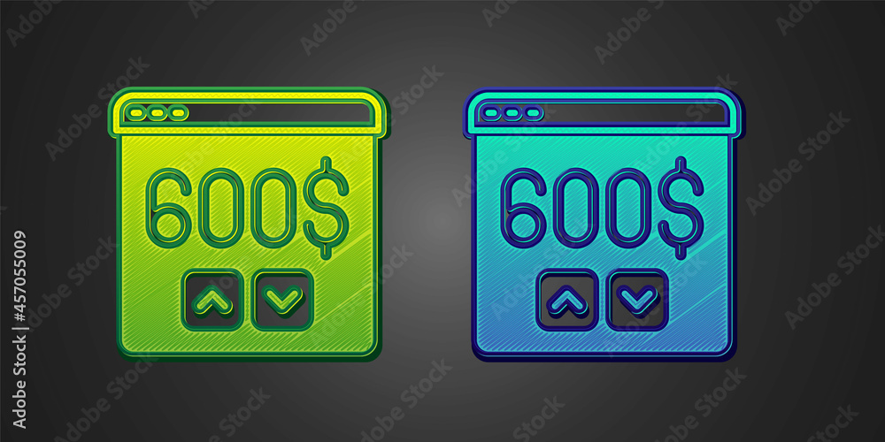 Green and blue Monitor with dollar icon isolated on black background. Sending money around the world, money transfer, online banking, financial transaction. Vector Green and blue Monitor with dollar icon isolated on black background. Sending money around the world, money transfer, online banking, financial transaction. Vector