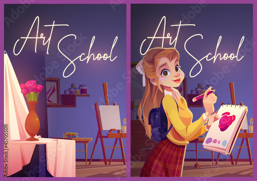 Art school posters with girl painter and studio interior with canvas, drapery and flowers in vase. Vector banners with cartoon illustration of artist class and woman student with pencil and notebook