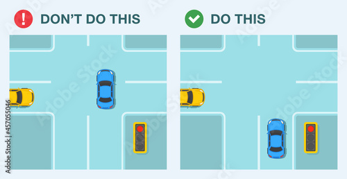 Do's and don'ts. Safety and dangerous driving. Car driver jumped a red signal. Driver waiting on a red light on city crossroad. Top view. Flat vector illustration template.