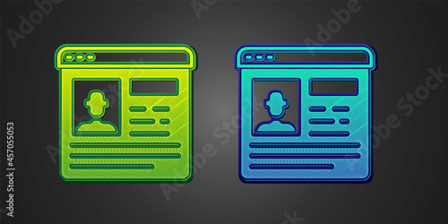 Green and blue Resume icon isolated on black background. CV application. Searching professional staff. Analyzing personnel resume. Vector