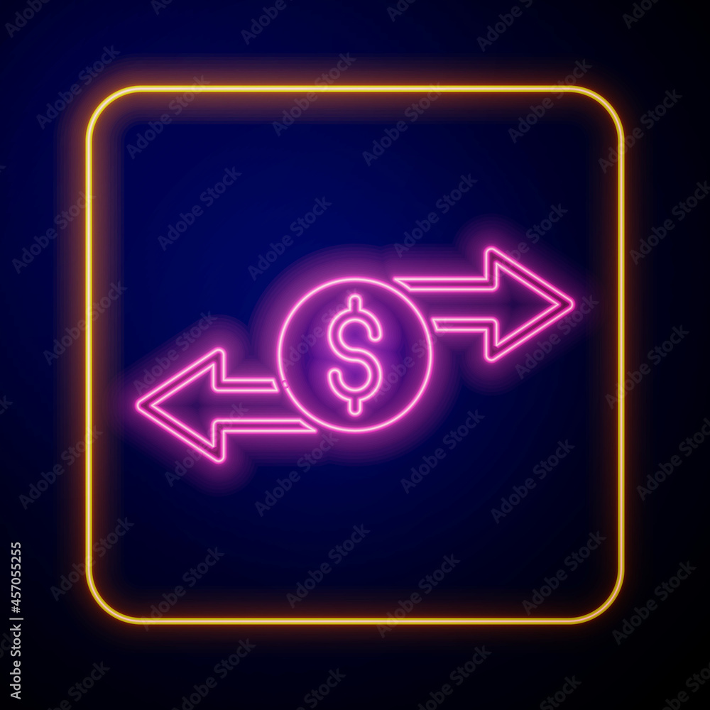 Glowing neon Money exchange icon isolated on black background. Cash transfer symbol. Banking currency sign. Vector Glowing neon Money exchange icon isolated on black background. Cash transfer symbol. Banking currency sign. Vector
