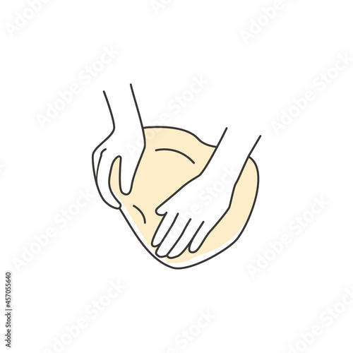 Kneading, stretching or folding dough outline icon. Hands and batter. Homemade bakery. Making sourdough bread preparation step. Instruction for baking recipe. Flat vector cartoon illustration.