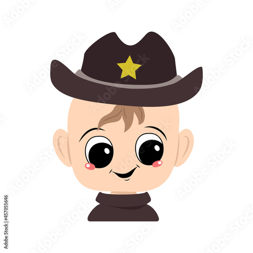 Avatar of a child with big eyes and a wide smile in a sheriff hat with a yellow star. Cute kid with a joyful face in a carnival costume. Head of adorable baby with happy emotions