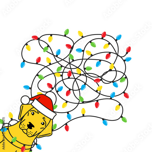 Labrador tangled christmas lights in santa hat