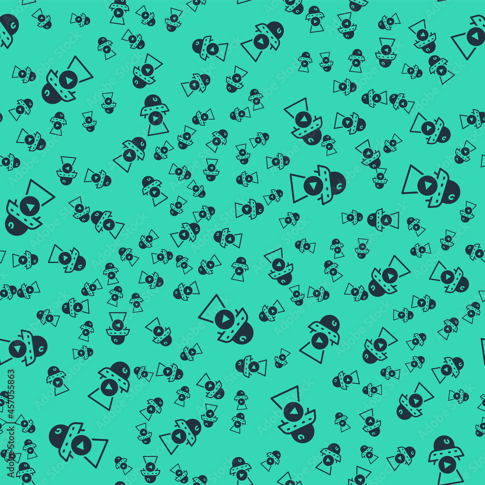 Black Science fiction icon isolated seamless pattern on green background. Sci fi movies, popular futuristic fantasy films. Cinema category. Flying saucer, UFO. Vector Black Science fiction icon isolated seamless pattern on green background. Sci fi movies, popular futuristic fantasy films. Cinema category. Flying saucer, UFO. Vector