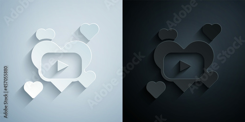Paper cut Romantic movie icon isolated on grey and black background. Love film. Paper art style. Vector