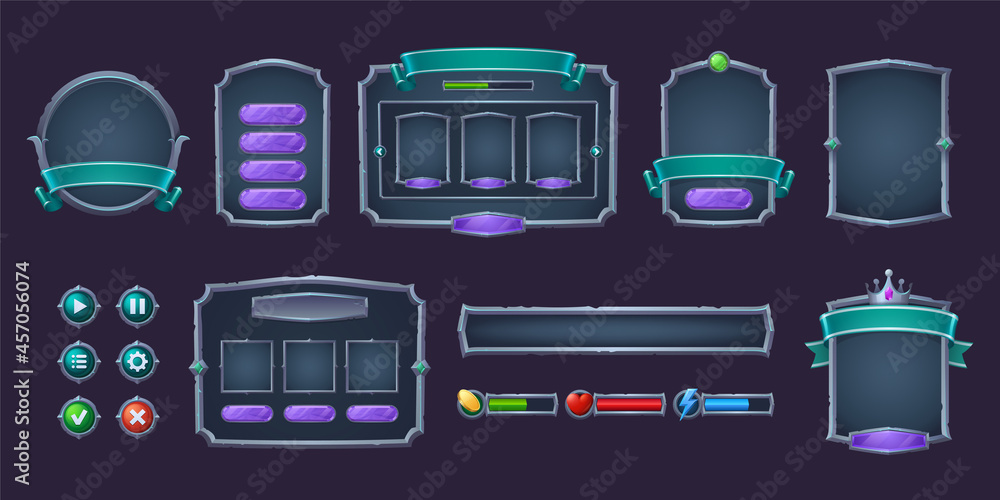 Game buttons and frames with metal border. Design elements and assets ...