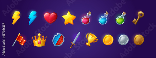 Game icons with heart, lightning, key, crown, gold cup and star. Vector cartoon set of symbols for gui of rpg computer or mobile game, shield, sword, coins, potions and red flag