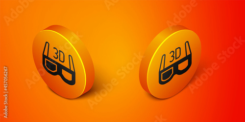 Isometric 3D cinema glasses icon isolated on orange background. Orange circle button. Vector