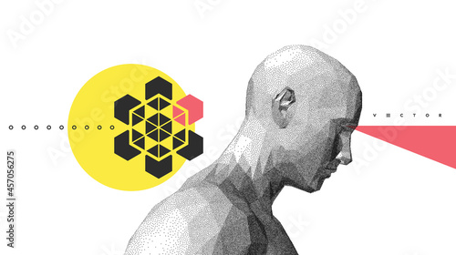 Abstract man head made from dots. Scientific discoveries. Side view of dotted face background. Minimalistic design for presentation, placard, banner, cover or brochure. 3D vector illustration.