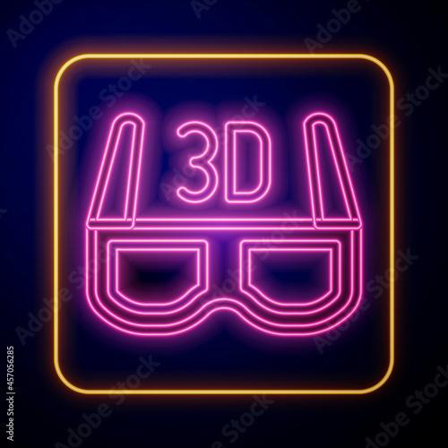Glowing neon 3D cinema glasses icon isolated on black background. Vector