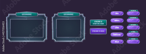 Game streaming overlay frames and buttons. Template of ui design for webcam video app. Vector cartoon set of live stream panels with old metal borders for show gaming process