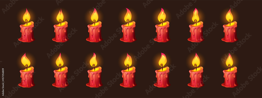 Burning fire on candle for 2d animation or video game. Vector cartoon
