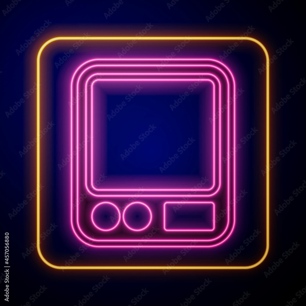 Glowing neon Electronic coffee scales icon isolated on black background. Weight measure equipment. Vector