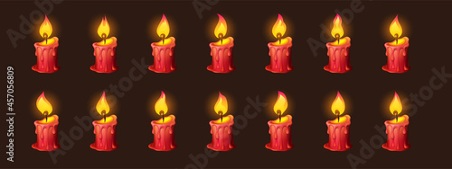 Burning fire on candle for 2d animation or video game. Vector cartoon animation sprite sheet with sequence of shiny flickering flame on red wax candle isolated on black background