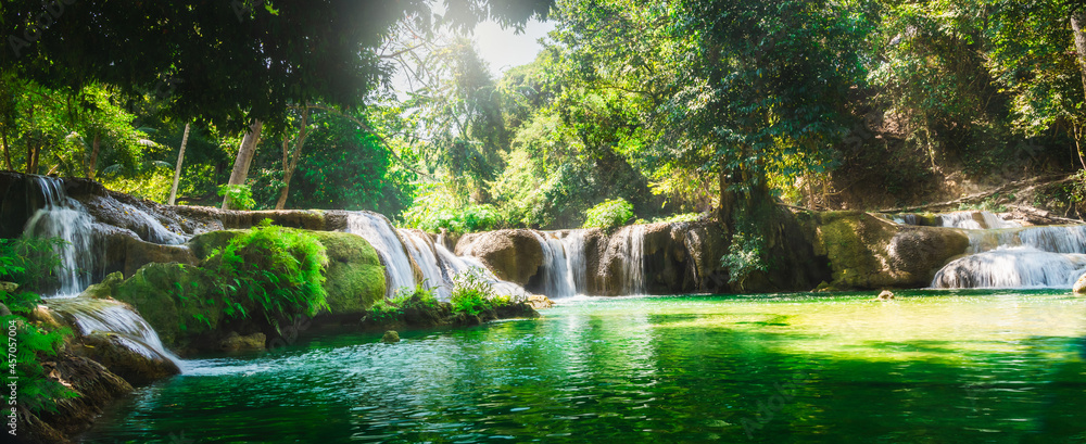 Wide panorama beautiful green nature view scenic landscape waterfall in tropical jungle rain forest, Attraction famous outdoor travel Saraburi Thailand, Spring background, Tourism destination Asi - obrazy, fototapety, plakaty 