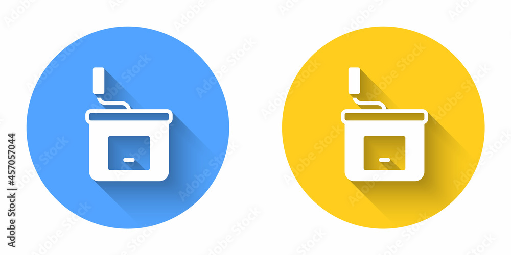 White Manual coffee grinder icon isolated with long shadow background. Circle button. Vector White Manual coffee grinder icon isolated with long shadow background. Circle button. Vector
