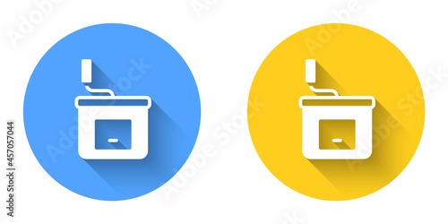 White Manual coffee grinder icon isolated with long shadow background. Circle button. Vector