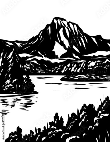 WPA poster monochrome art of the Grand Teton National Park in Jackson Hole, Wyoming USA done in works project administration black and white style.