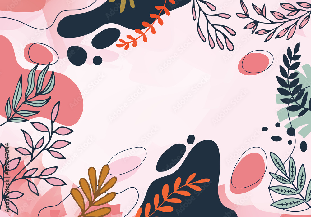 Naklejka premium Color splash abstract background for design. Design banner frame. Colorful background with tropical plants. Place for your text.