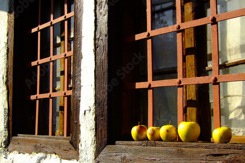 Closeup shote of apples on an old window under sunlight photo