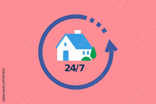 House twenty-four seven, 24-7 service. Icon of a house with a graphic circular element representing "available at any time". Round-the-clock service. Vector.