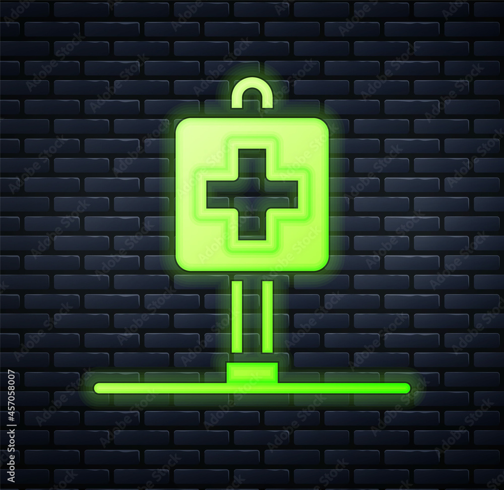 Glowing neon Medical map pointer with cross hospital icon isolated on brick wall background. Vector Glowing neon Medical map pointer with cross hospital icon isolated on brick wall background. Vector