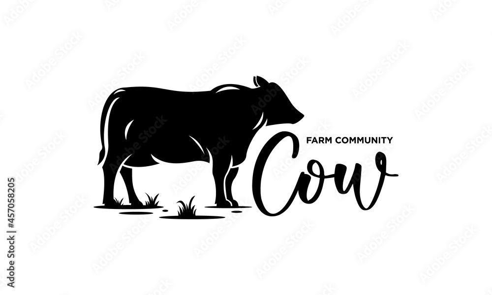 Obraz premium Cow's Farm Community Logo Design - Isolated vector Illustration on white background - Silhouette character, icon, symbol, badge, emblem of big angus