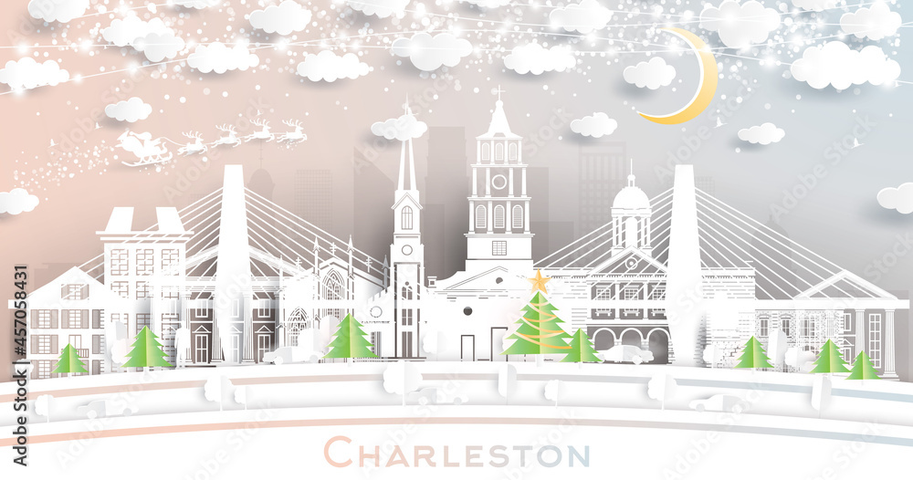 Obraz premium Charleston South Carolina City Skyline in Paper Cut Style with Snowflakes, Moon and Neon Garland.