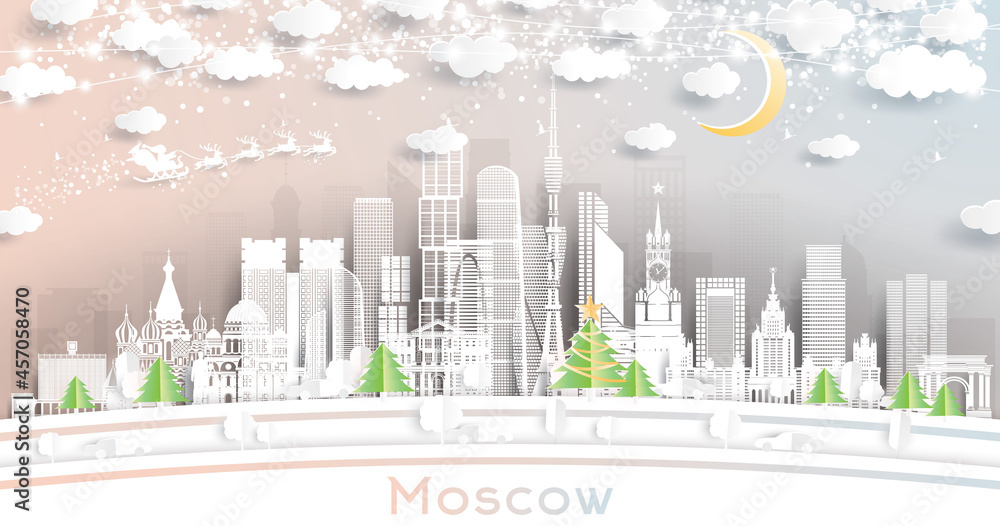 Moscow Russia City Skyline in Paper Cut Style with Snowflakes, Moon and Neon Garland.