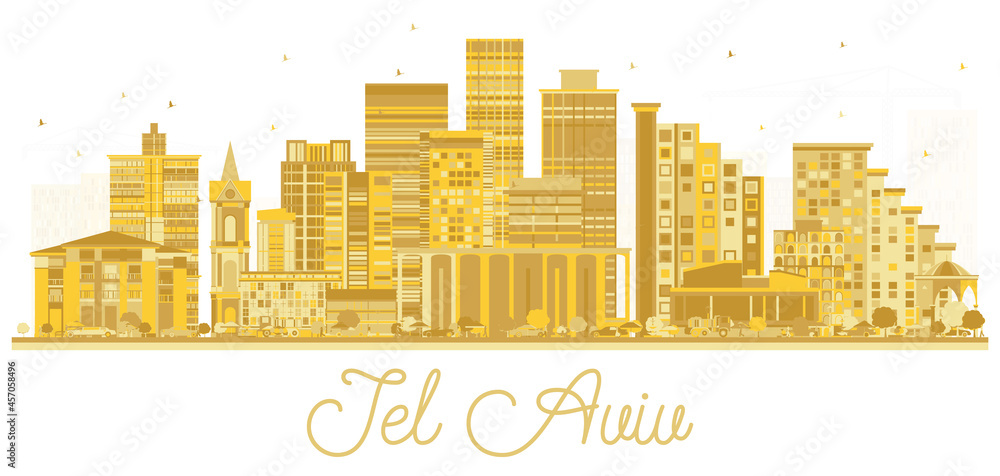 Tel Aviv Israel City Skyline with Golden Buildings Isolated on White.