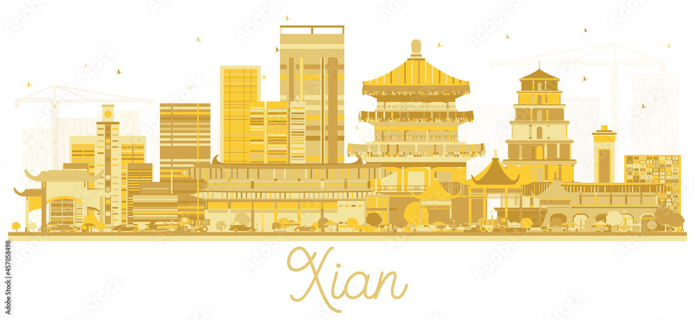 Xian China City Skyline with Golden Buildings Isolated on White.