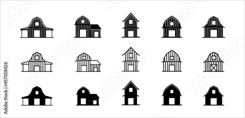 Barn icon set. Assorted barn vector icons pack. Farmhouse vector stock icon illustration. Flat black white color design complete collection.