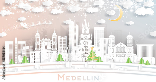 Medellin Colombia City Skyline in Paper Cut Style with Snowflakes, Moon and Neon Garland.
