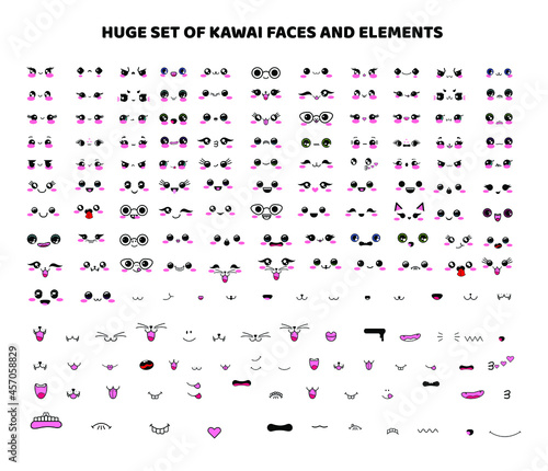 Big set of kawaii faces, elements, eyes, mouth, nose, muzzle, mustache, tongue, teeth, emotions. Vector illustration, color cartoon Japanese design isolated on white background, manga style, anime.