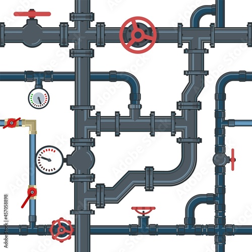 Pipeline system. Seamless pattern. Metal pipes isolated on white background. Picture Vector