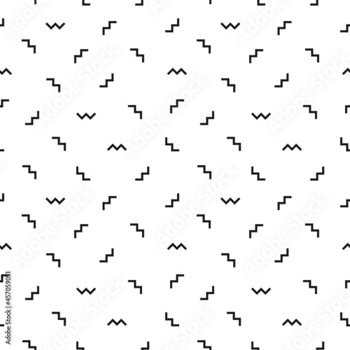 Simple black and white zigzag signs, symbols vector seamless pattern background for 80s or 90s design.