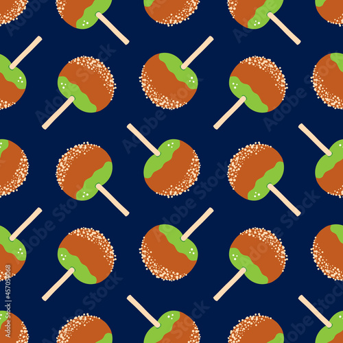 Caramel apple, candy apple on stick with nuts vector seamless pattern background.
