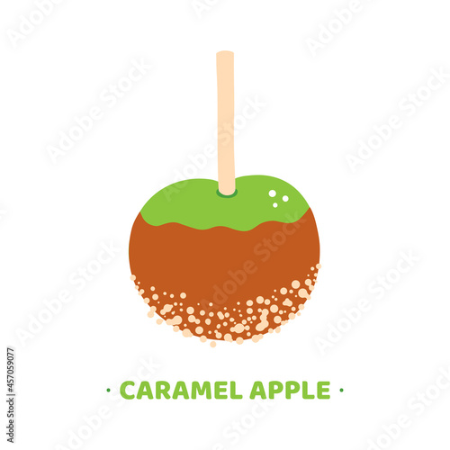Caramel apple or candy apple on stick with nuts vector cartoon style icon, illustration.
