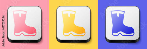 Isometric Fishing boots icon isolated on pink, yellow and blue background. Waterproof rubber boot. Gumboots for rainy weather, fishing, hunter, gardening. Square button. Vector