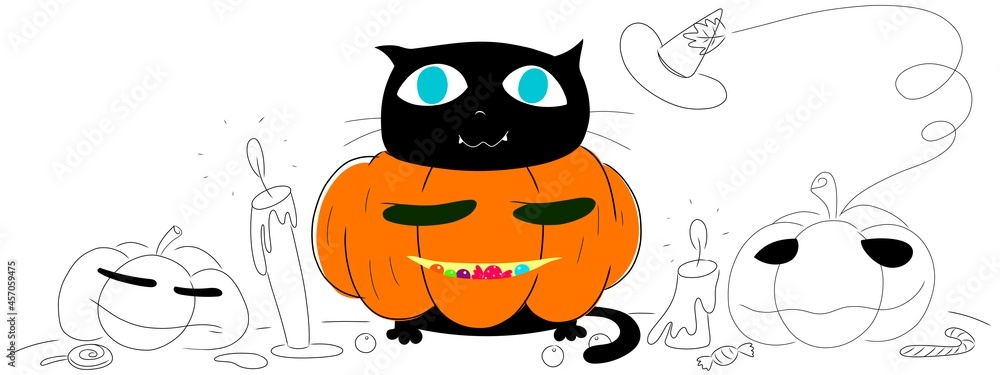 Cartoon Black Cat In Halloween Pumpkin With Sleeping Halloween Pumpkin Candy, Candles And Halloween Pumpkin Stealing His Witch Hat On White Background. Hand Draw Outline Drawing For Coloring Cartoon Black Cat In Halloween Pumpkin With Sleeping Halloween Pumpkin Candy, Candles And Halloween Pumpkin Stealing His Witch Hat On White Background. Hand Draw Outline Drawing For Coloring