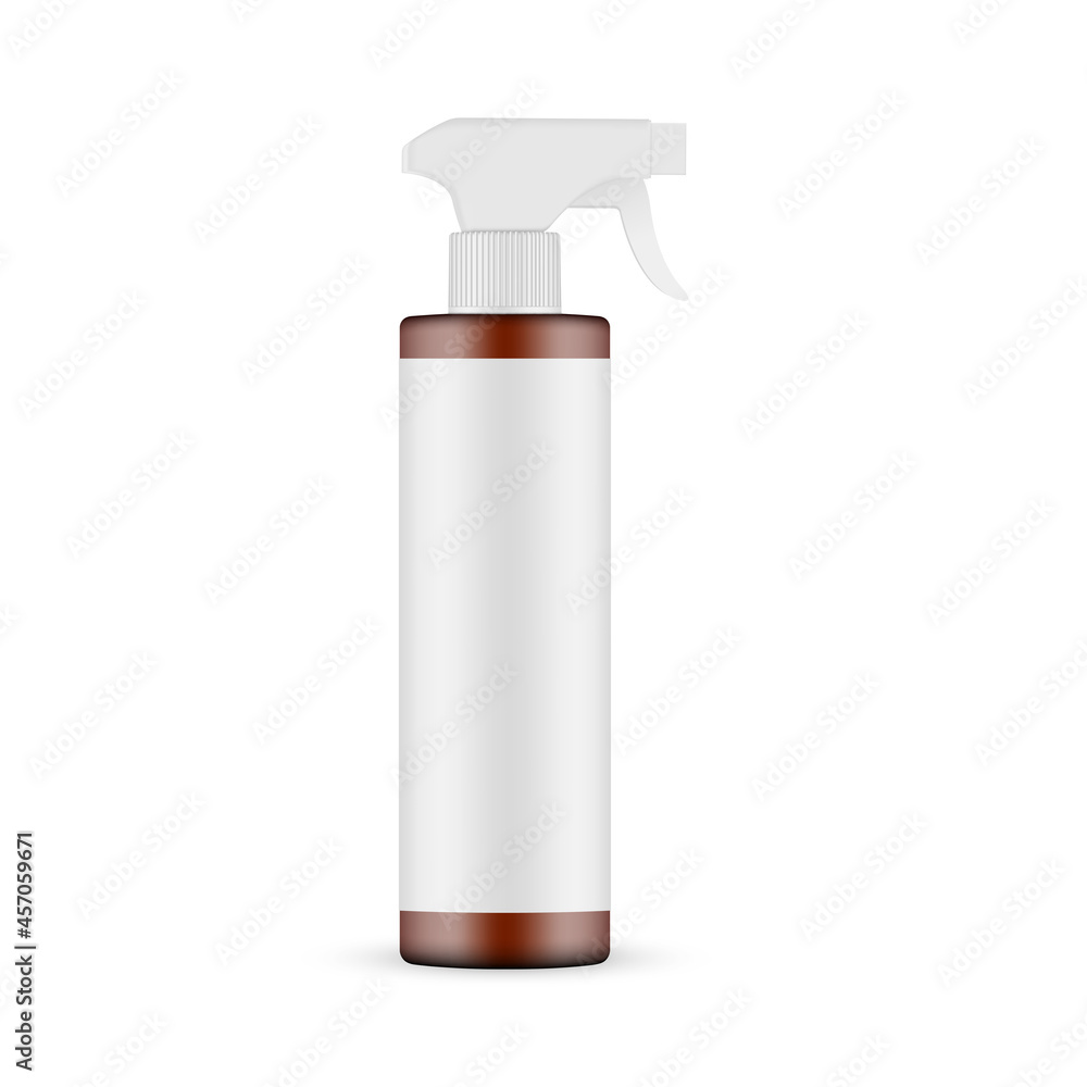 Amber Plastic Spray Bottle Mockup with Blank Label, Isolated on White Background. Vector Illustration Amber Plastic Spray Bottle Mockup with Blank Label, Isolated on White Background. Vector Illustration