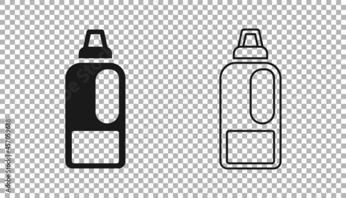 Black Plastic bottle for laundry detergent, bleach, dishwashing liquid or another cleaning agent icon isolated on transparent background. Vector
