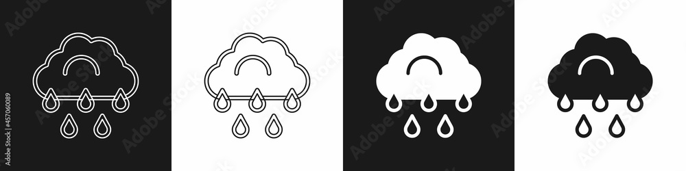 Set Cloud with rain icon isolated on black and white background. Rain cloud precipitation with rain drops. Vector Set Cloud with rain icon isolated on black and white background. Rain cloud precipitation with rain drops. Vector