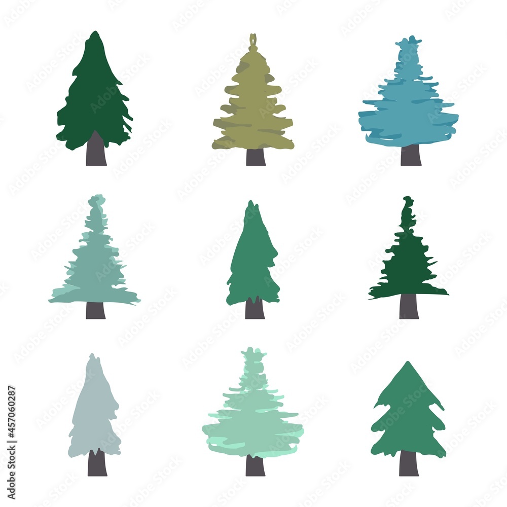 Trees Set. Christmas Tree Set of 9 on White Background. Winter Holiday Elements for Christmas and New Year Design. Vector EPS 10