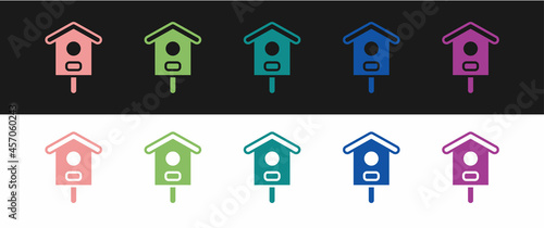 Set Bird house icon isolated on black and white background. Nesting box birdhouse, homemade building for birds. Vector