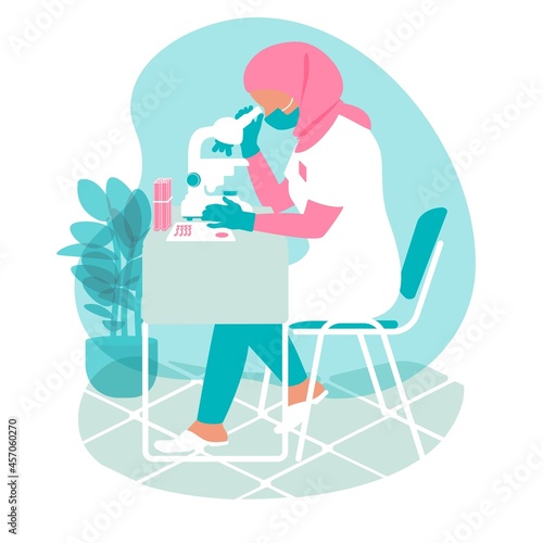 Chemist muslim scientist woman in hijab in laboratory conducts research. A laboratory assistant in dressing gown, mask, gloves looks through a microscope. Science discovery concept. Turquoise fond.