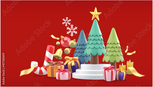 Christmas objects for poster design. Christmas tree surrounded by gift boxes, stars, bells, Christmas balls, ribbons,candy canes and snow on a red background.